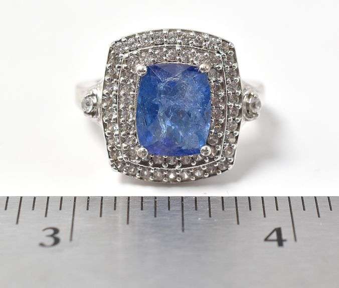 Beautiful Square Cut Blue gem Ring with Clear Accents in Sterling Silver 8.1grams Size 9
