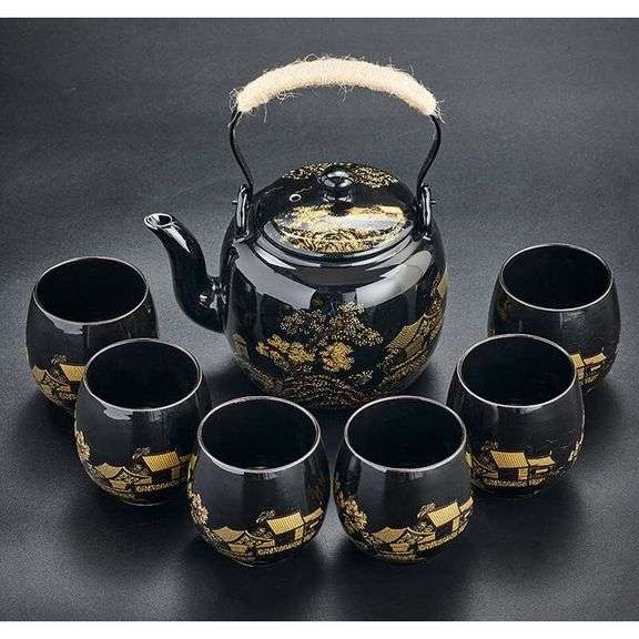 Japanese Black Glazed Tea Set and Tray