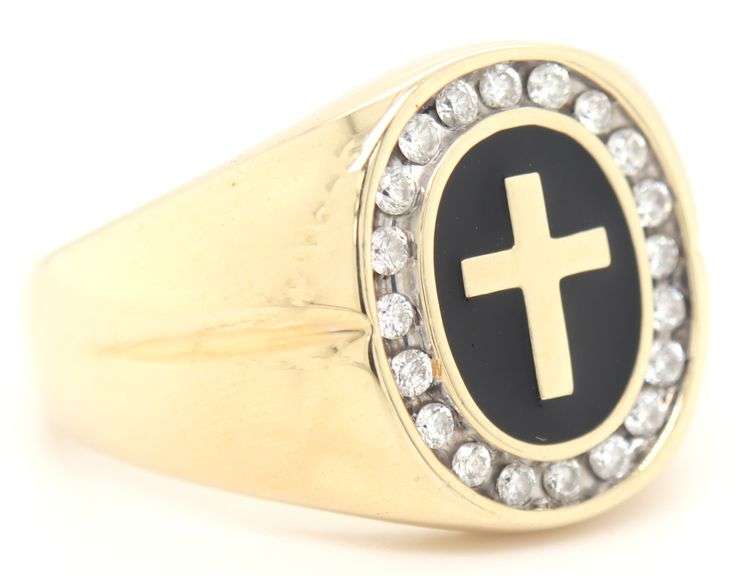 14kt Yellow Gold oval Shaped Black Enamel Cross Diamond Halo Ring. Total weight of Ring 9.10 Grams. 