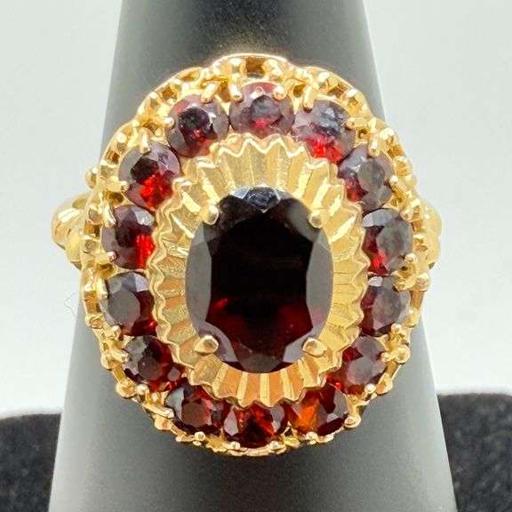 18kt Yellow Gold Oval Garnet & Halo Garnet Ring