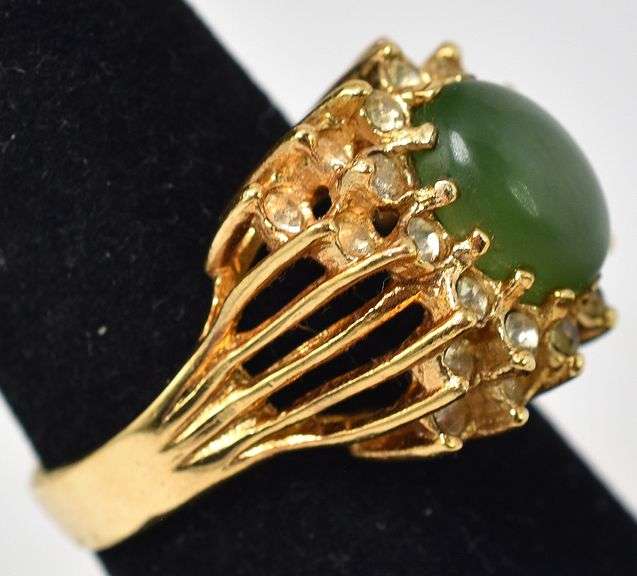Jadeite  and CZ Gemstone Ring in Vermeil Sterling Silver. 7g, Size 6 3/4.