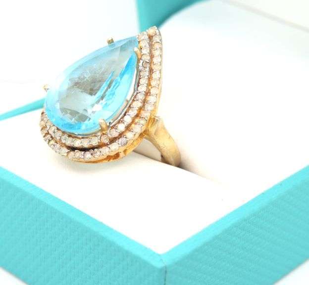 Adorable Massive 18.20CTS Pear Shaped Blue Topaz & Diamond Ring In 14K Yellow Gold Over Sterling Sil
