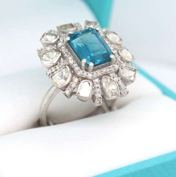 Breathtaking 4.00CTS Emerald Cut Blue Topaz & Diamond Ring in Sterling Silver