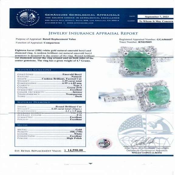 18K WHITE GOLD EMERALD AND DIAMOND RING 1.89 C.T.W.