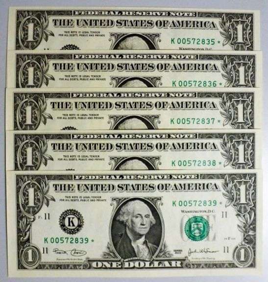 (5) Superb Crisp 2003 $1 Dollar Star Notes Dallas Consecutive Low Serial Numbers!