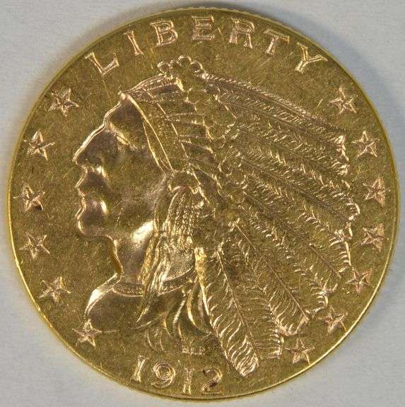 Real lustrous 1912 US $2.50 Indian Gold Piece. Better date