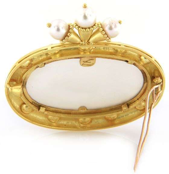 Elizabeth Locke Cultured Pearl and Mother of Pearl Intaglio Brooch in 18K