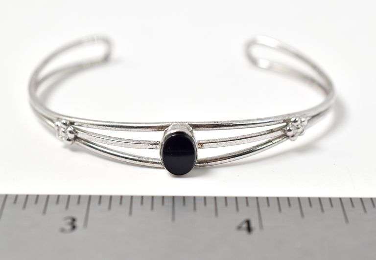 Black Onyx Gemstone Cuff Bracelet in Sterling Silver
