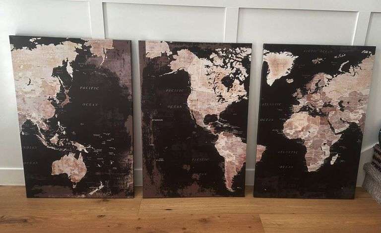 Set of 3 World Map Wall Art Framed Canvas