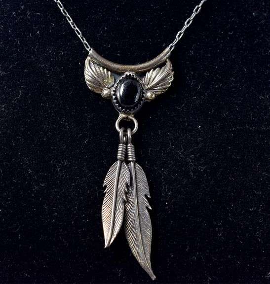 Black Onyx Gemstone and Feather Pendant Necklace in Sterling Silver