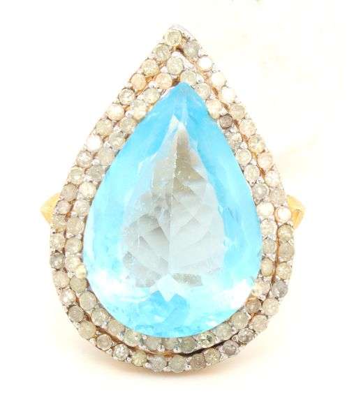 Adorable Massive 18.20CTS Pear Shaped Blue Topaz & Diamond Ring In 14K Yellow Gold Over Sterling Sil