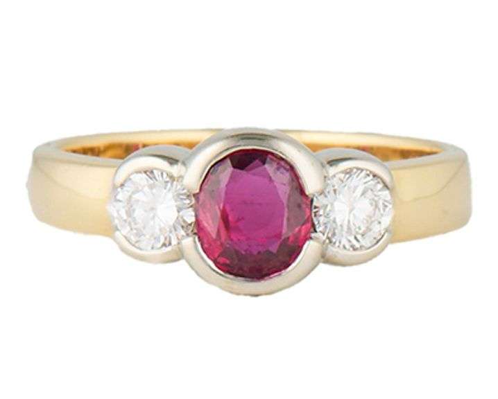 0.60ct Ruby and 0.50ctw Diamond Three Stone Ring in 18K