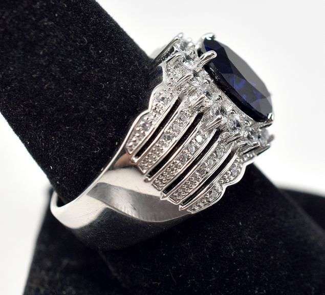 Large Band Ring with Blue Oval Cut Stone in Sterling Silver 11grams Size 8 3/4