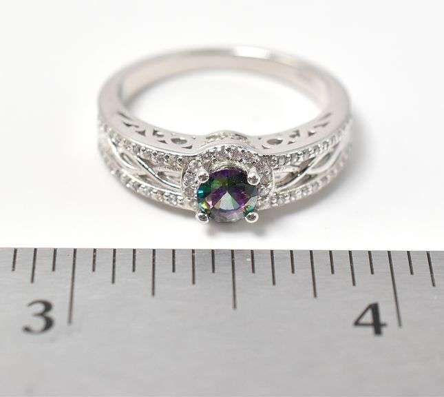 Multi-Colored Gemstone with White Accent Stones in Sterling Silver 4.2grams Size 8.5