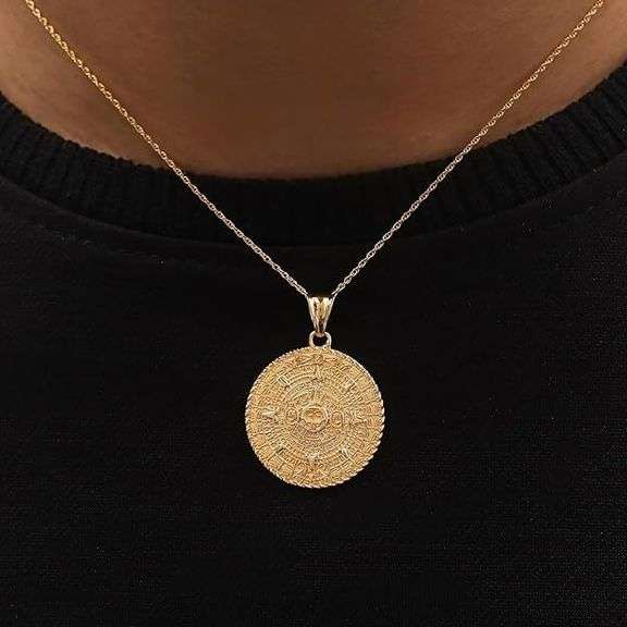 Mayan Sun Calendar Pendant Necklace 14K Gold