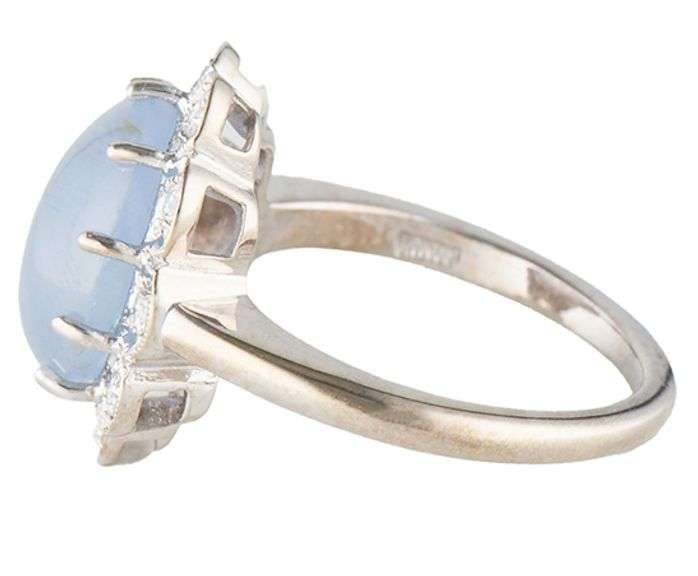 Vintage Sapphire Cabochon and 0.20ctw Diamond Frame Milgrain Ring in 14K