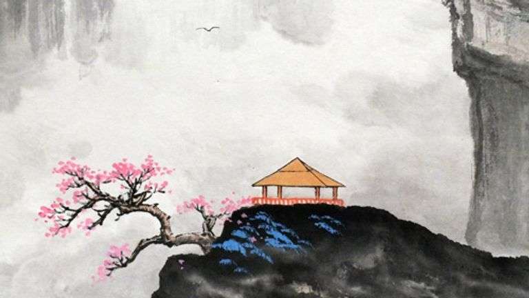 Cold Blue Mountains of Huangshan in Original Chinese Watercolor