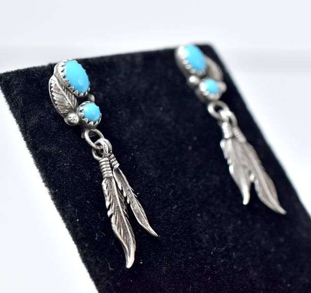 Turquoise Gemstone and Feather Earrings in Sterling Silver