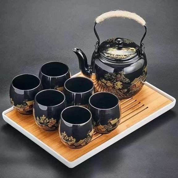 Japanese Black Glazed Tea Set and Tray