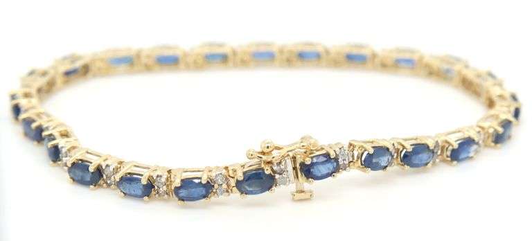 14kt Yellow gold blue sapphire and diamond tennis bracelet