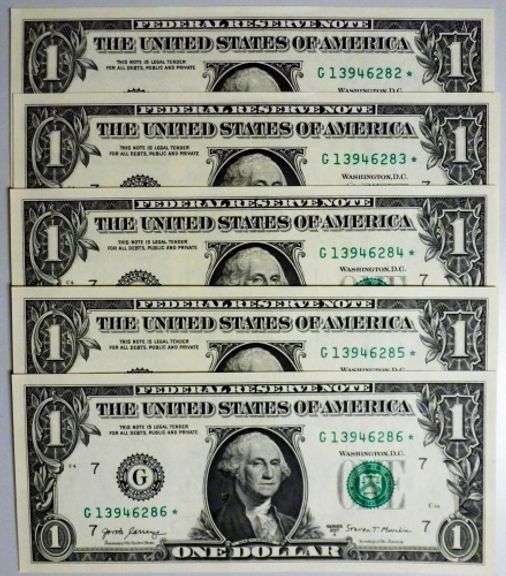 (5) Superb Crisp 2017A $1 Dollar Star Replacement Notes Chicago - Consecutive!