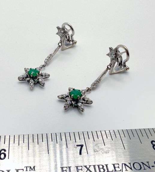 One pair hand made Italian 18KT white gold with 0.72 cttw natural emerald and diamond star motif dan