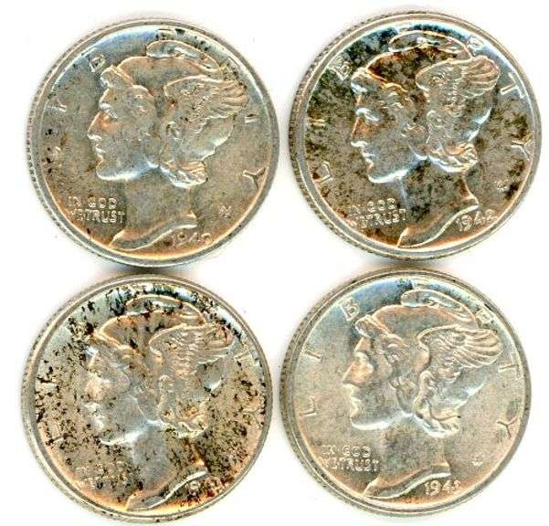 4 High Grade Mercury Silver Dimes with Full Bands