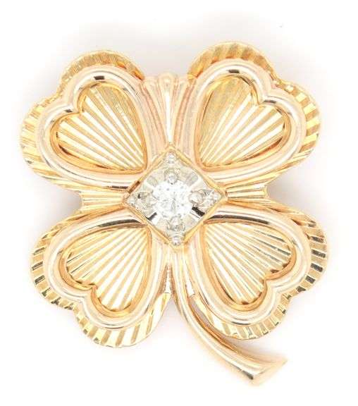 Lucky 14K Four Leaf Clover Brooch with Diamond