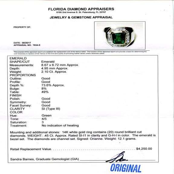 14K WHITE GOLD EMERALD AND DIAMOND RING 2.55 C.T.W.