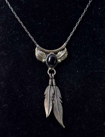 Black Onyx Gemstone and Feather Pendant Necklace in Sterling Silver