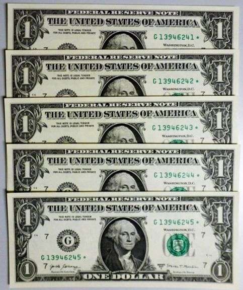 (5) Superb Crisp 2017A $1 Dollar Star Replacement Notes Chicago - Consecutive!