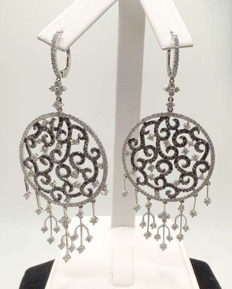 One pair hand made Italian 18KT white gold with 3.57 cttw natural diamond  marcasite scroll dangle e
