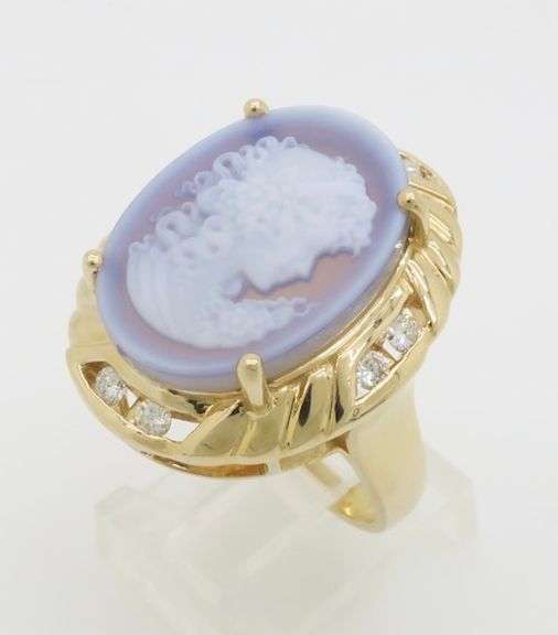 Carved Blue Agate Cameo & Diamond Ring Crafted in 14k Yellow Gold