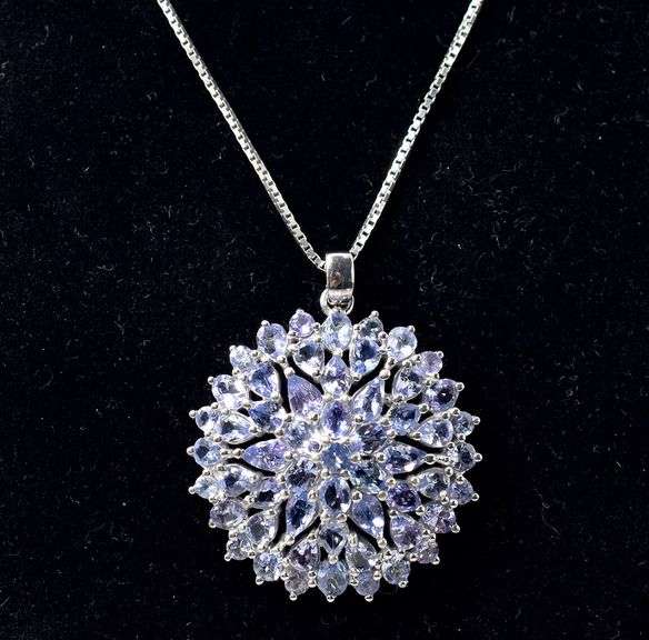 Purple Stone Cluster Necklace in Sterling Silver 9grams 18inch