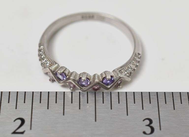 Pink and Purple Gem Ring with Clear accent stones in Sterling Silver 2.6grams Size 8.5