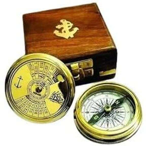 Navigational Maritime Brass Pocket Compass with Wooden Box