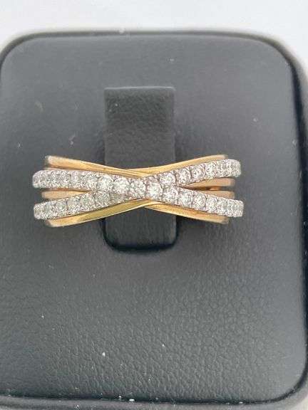 CERTIFIED 14K WHITE AND YELLOW GOLD DIAMOND OVERLAP BAND / RING