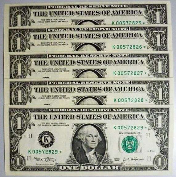 (5) Superb Crisp 2003 $1 Dollar Star Notes Dallas Consecutive Low Serial Numbers!