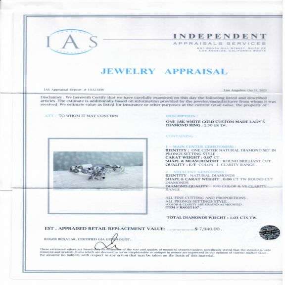 18K WHITE GOLD I CLARITY DIAMOND RING 1.03 C.T.W.