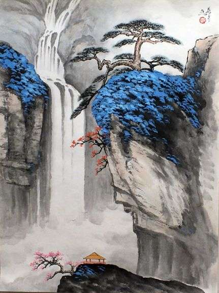 Cold Blue Mountains of Huangshan in Original Chinese Watercolor