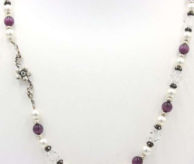 Vintage 925 sterling silver pearl and crystal beaded necklace