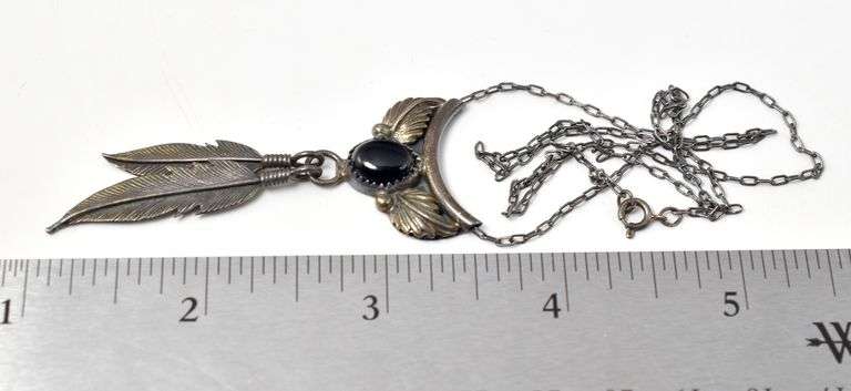 Black Onyx Gemstone and Feather Pendant Necklace in Sterling Silver