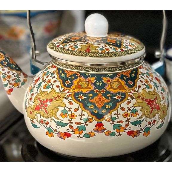 Floral Enamel Tea Kettle with Porcelain Handle
