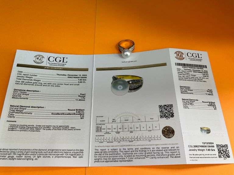 CERTIFIED 18K YELLOW GOLD DIAMOND AND PEARL RING