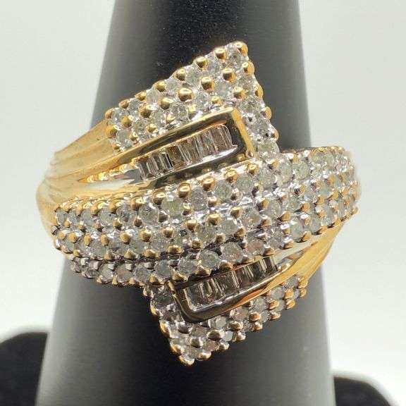 10kt Yellow Gold Baguette and Round Brilliant Cut Diamond Bypass Ring