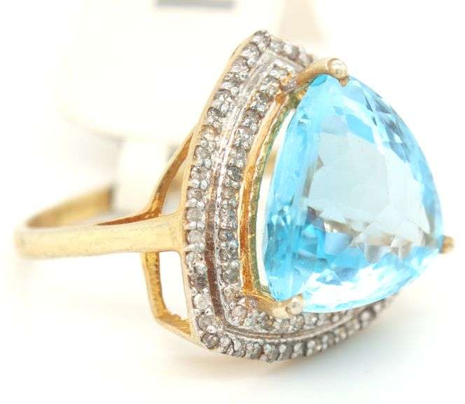 Angelic Massive 12.10CTS Millennium-Cut Blue Topaz & Diamond Ring in 14K Yellow Gold Over Sterling S