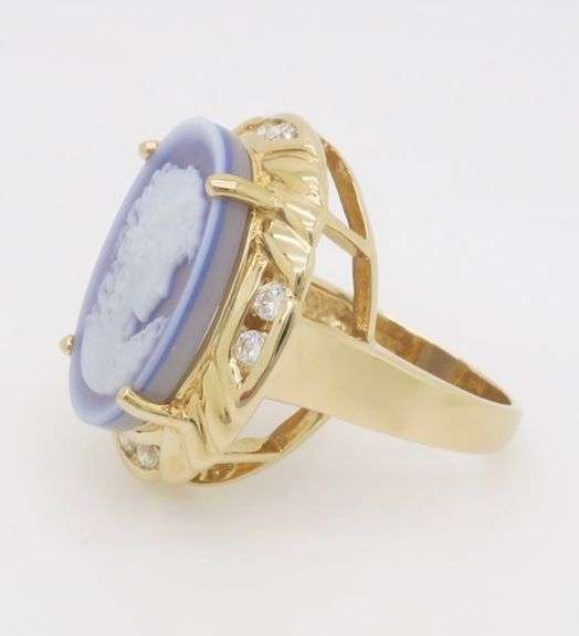 Carved Blue Agate Cameo & Diamond Ring Crafted in 14k Yellow Gold