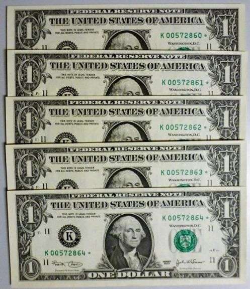 (5) Superb Crisp 2003 $1 Dollar Star Notes Dallas Consecutive Low Serial Numbers!