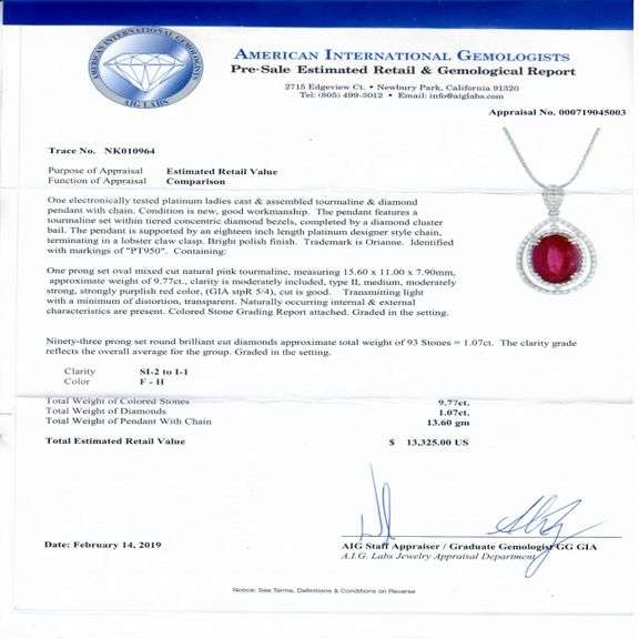 PLATINUM PINK TOURMALINE AND DIAMOND PENDANT 10.84 C.T.W.