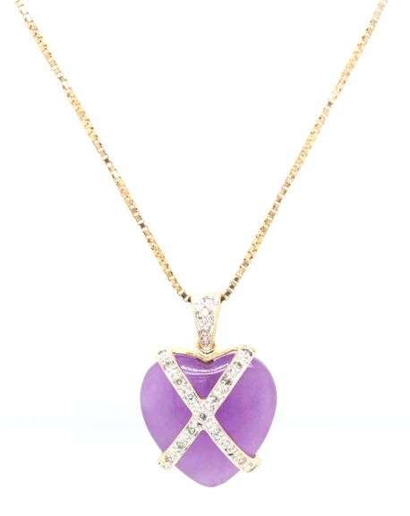 14kt Yellow gold Heart shaped Lavendar Jade crossover diamond pendant on box chain